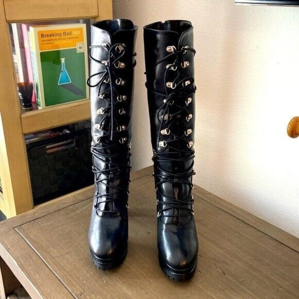 MACKIN J 585-9 Round Toe Wide Knee High Boots Chunky Heel Lace Up Boots Sz 9M